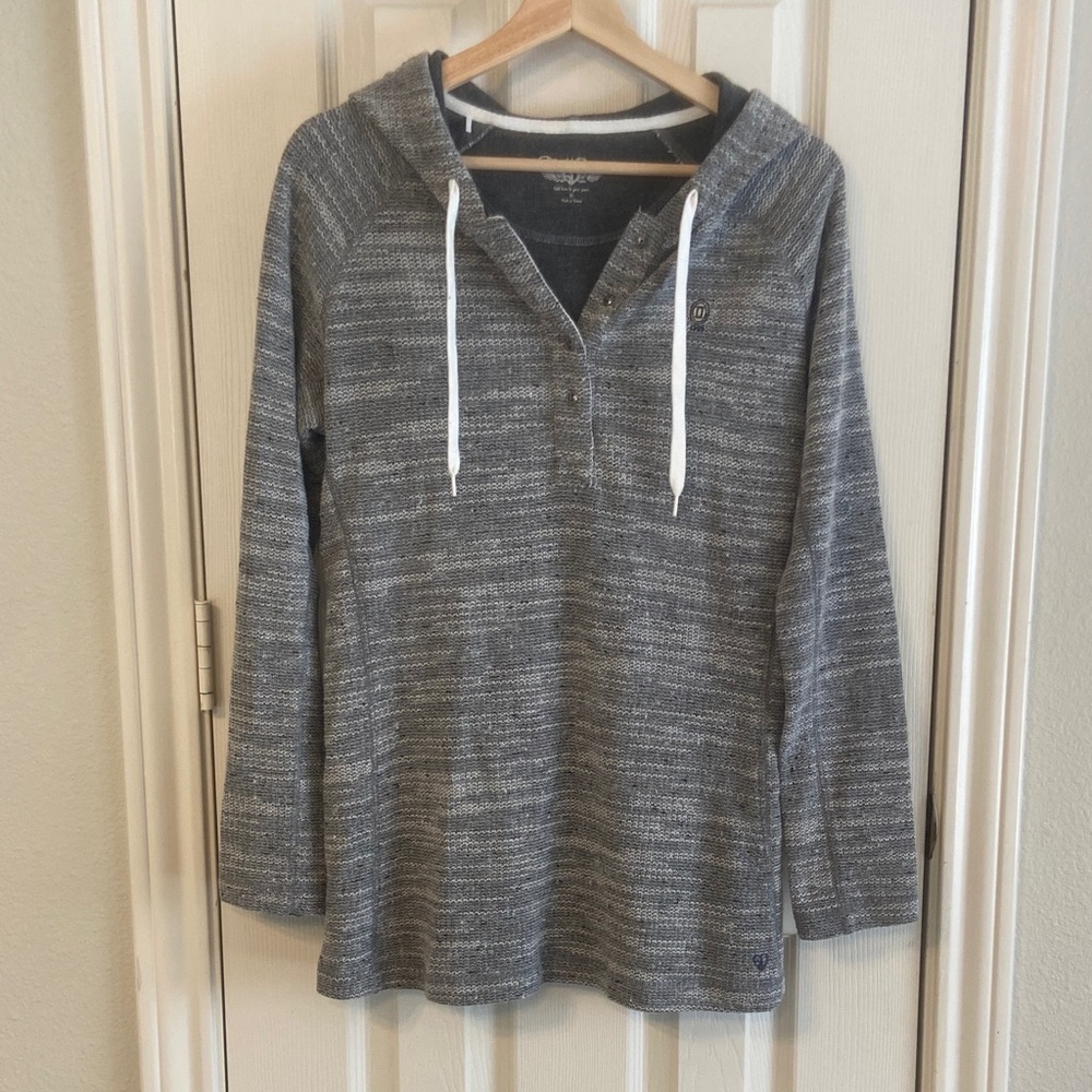 Straight down golf Gray Hooded Women's tunic top three-quarter button front